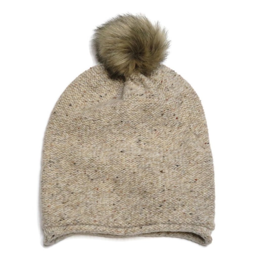 Madewell Beige Speckled Knit Beanie with Faux Fur Pom